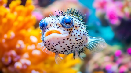 Blue and red tropical fish in aquatic plants habitat
