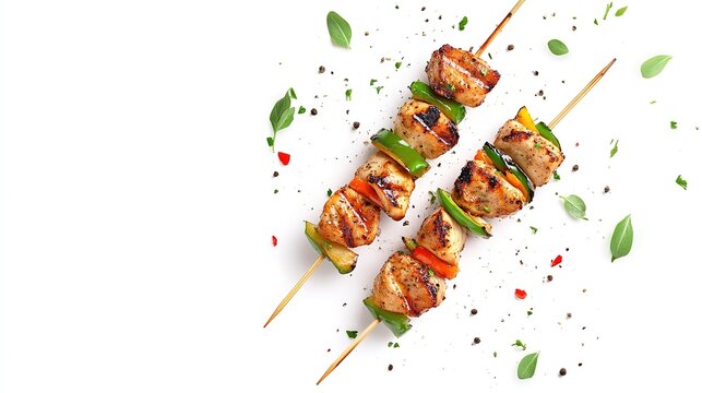Grilled chicken skewer bar b q tikka with vegetable on wooden sticks isolated on white background top view generative 