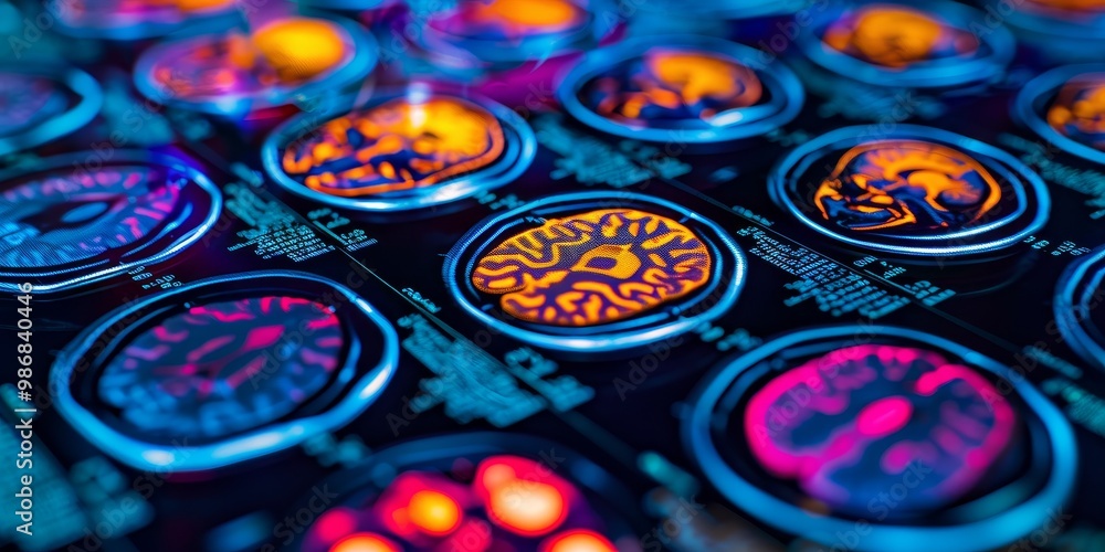 Poster Vibrant and detailed PET scan displaying a range of colors indicating various levels of activity, suitable for scientific, medical, and educational contexts