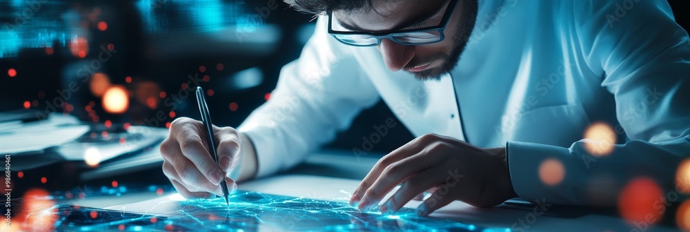 Poster a focused designer sketches a new digital concept, surrounded by glowing data points, representing i