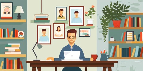A businessman working from a home office, sending emails on his laptop, with family photos and books on the shelf behind, illustrating work-life balance