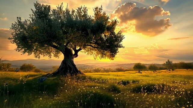 A green olive tree in a vast field.