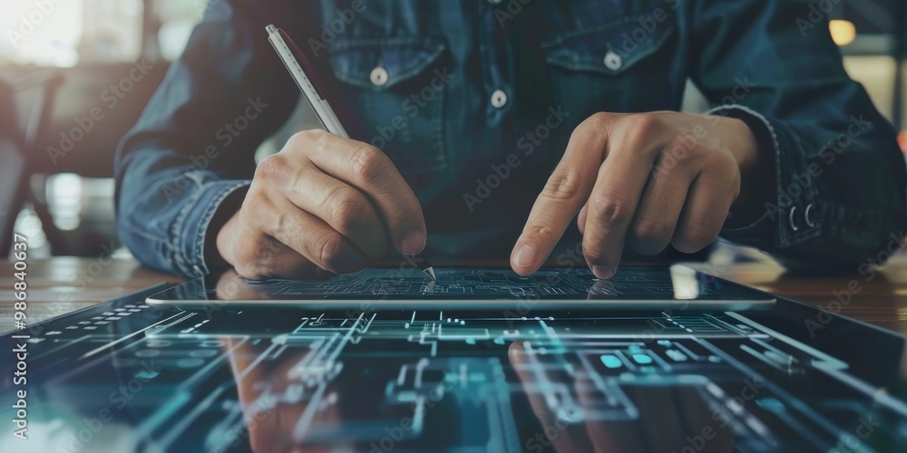 Poster UX designer using a tablet to refine a user interface, with digital prototypes and design tools visible, highlighting the attention to detail in the design process
