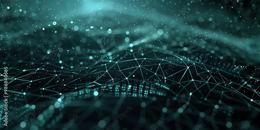 Poster futuristic depiction of a complex information web, featuring layers of interconnected data points an