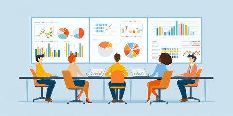 Team of managers and executives engaged in a strategic planning session, with visual aids like pie charts and bar graphs displayed on monitors and whiteboards