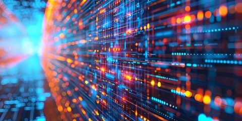 Fototapeta premium A detailed visualization of a digital firewall as a protective barrier around a network, with secure data streams and protected nodes, symbolizing advanced cybersecurity