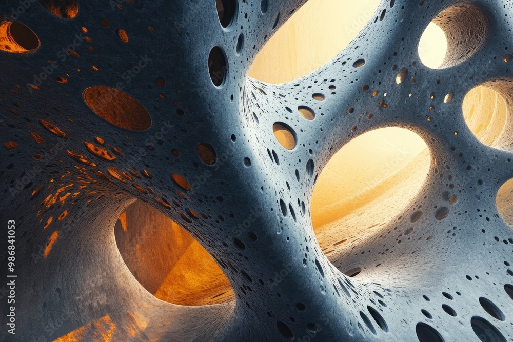 Poster a 3d abstract structure, with complex shapes and textures creating depth and intrigue