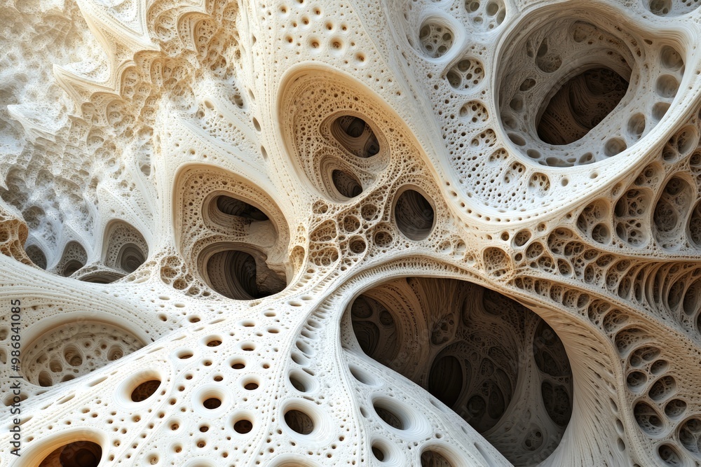 Poster a 3d abstract structure, with complex shapes and textures creating depth and intrigue