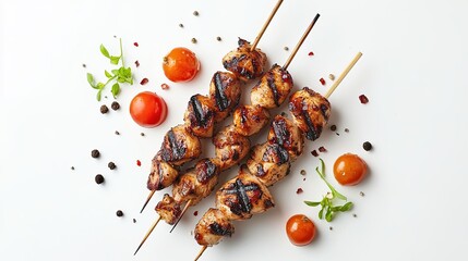 Grilled chicken skewer bar b q tikka with vegetable on wooden sticks isolated on white background top view generative 