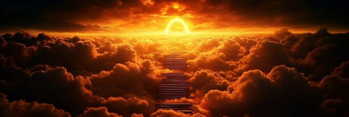 A golden staircase ascends through clouds towards a brilliant sunset, symbolizing spiritual ascension, hope, faith, journey, and reaching for the divine.