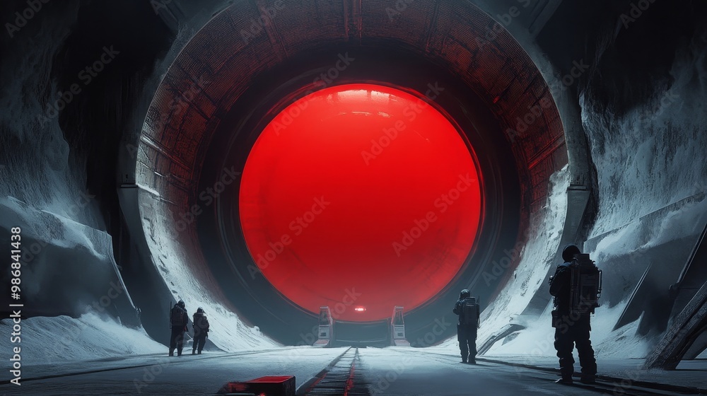 Poster a group of figures stand in awe before a massive red portal, its glow illuminating the cavernous tun