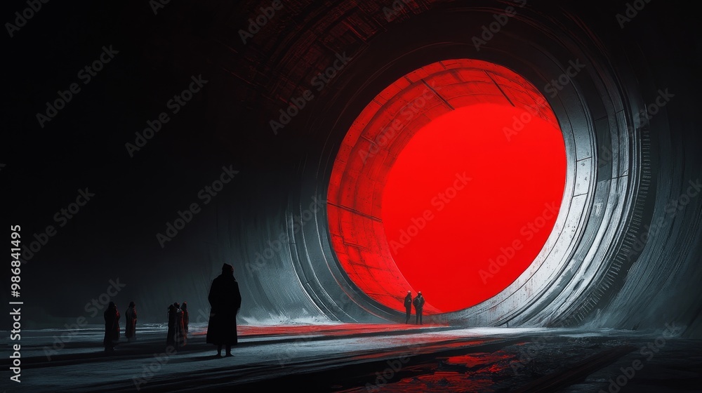 Poster a group of figures stand in a dark underground tunnel illuminated by a large red portal. the portal 