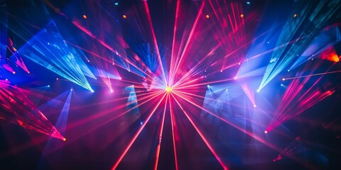 Naklejka premium Dynamic and colorful laser light show with beams of red, blue, and green creating mesmerizing patterns in a dark setting, perfect for concert or event visuals