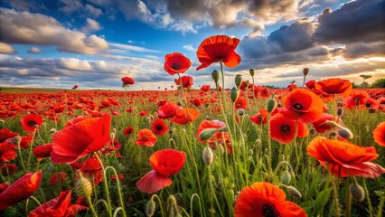 Fototapeta premium Vast fields of vibrant red poppies sway gently in the breeze, creating a captivating floral vista that beckons