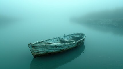 Old Wooden Rowboat on Misty Lake