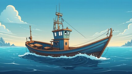 Fishing Boat on the Horizon Cartoon Background Design