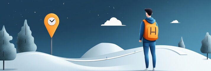A lone figure stands at the precipice of a snowy landscape, a map pin symbolizing a defined path,  ready to embark on a journey of growth and achievement.