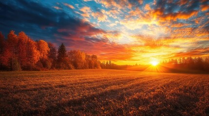 Obraz premium A glowing fall sunset over a field of trees, with rich autumn colors in the sky