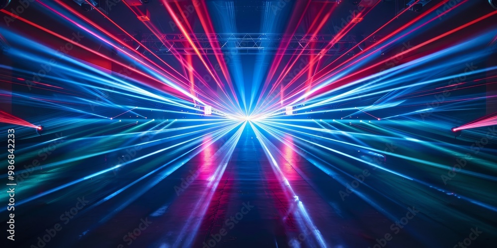 Poster dynamic and colorful laser light show with beams of red, blue, and green creating mesmerizing patter