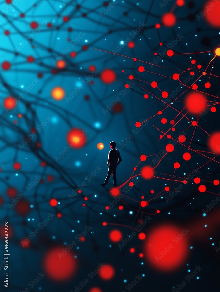 Poster a lone figure walks through a web of interconnected nodes, symbolizing the challenges and opportunit