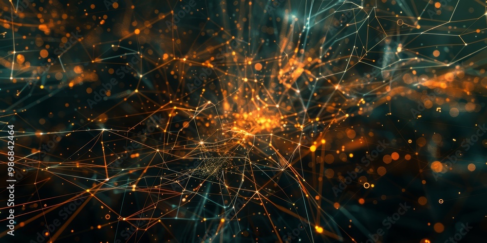 Poster futuristic depiction of a complex information web, featuring layers of interconnected data points an