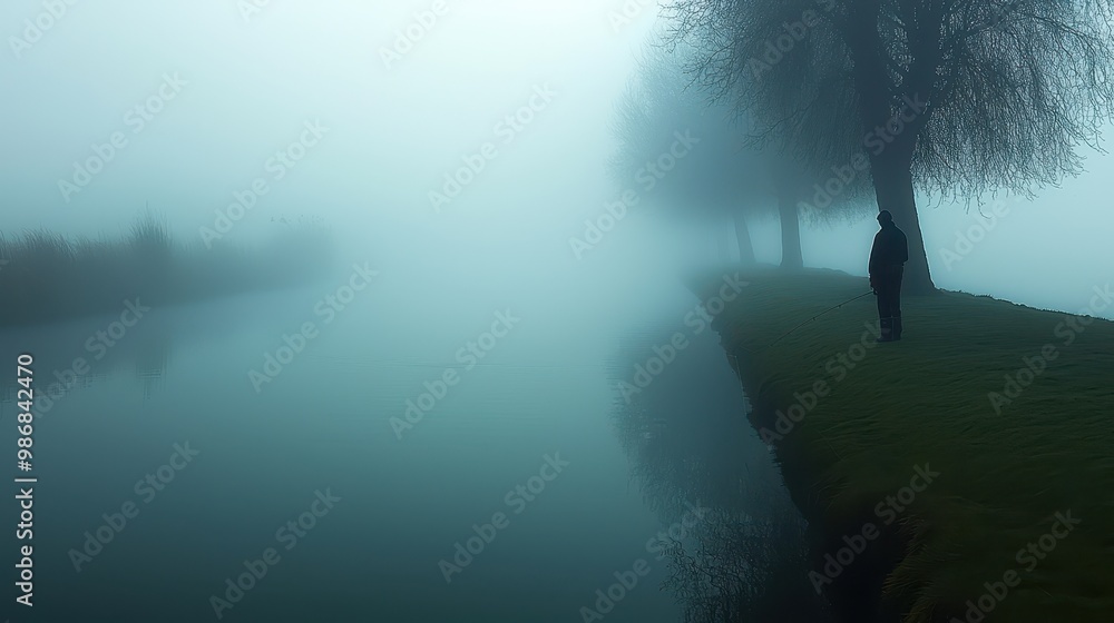 Sticker Solitary Figure Fishing in Foggy Landscape