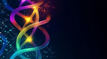 Abstract colorful DNA strand on dark background.
