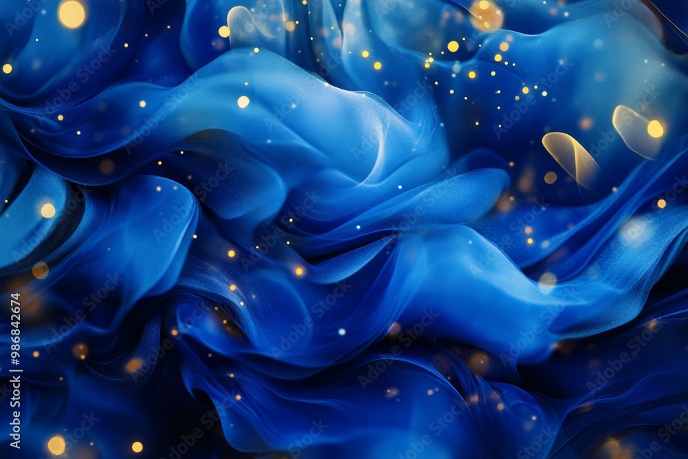 Poster a mesmerizing blend of blue liquid ink swirls and dances, creating a celestial and ethereal effect. 