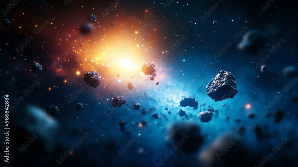 Poster a mesmerizing view of asteroids hurtling through space, illuminated by a distant star. the image evo
