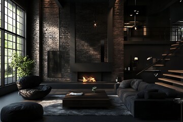 photo Dark living room loft with fireplace, industrial style, 3d render background