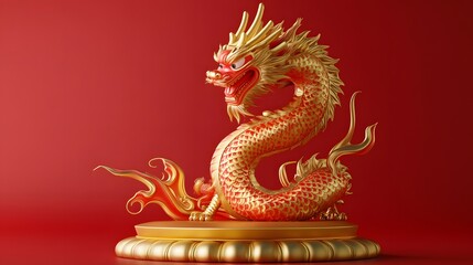 Fototapeta premium 3D Chinese dragon celebrating the 2024 Lunar New Year, with a red and gold background and golden podium.