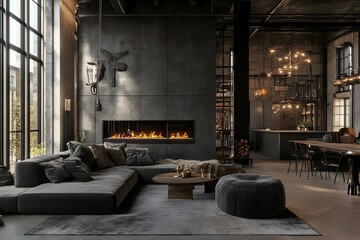 photo Dark living room loft with fireplace, industrial style, 3d render background