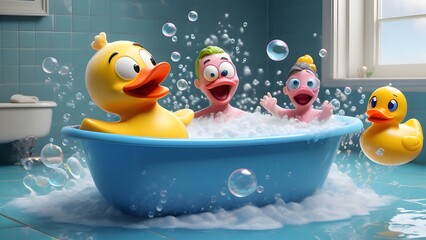 Scrubby is sliding down the side of a bathtub, landing in a pile of soap suds, while Bubbly Betty floats nearby on a giant bubble. 