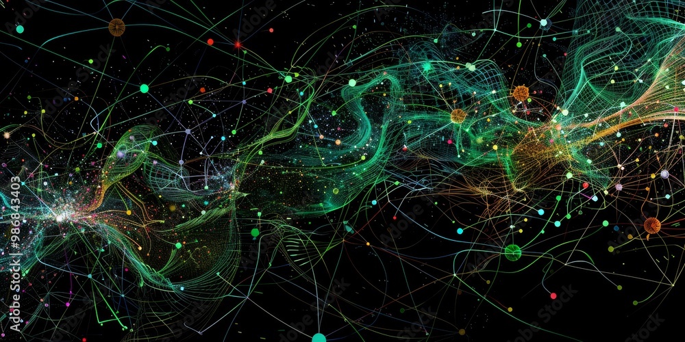 Poster modern graphical representation of a complex web of information, showcasing a network of intricate d