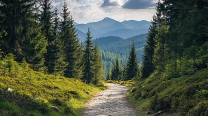 A scenic outdoor cycling trail winding through dense forests, with mountain views in the distance