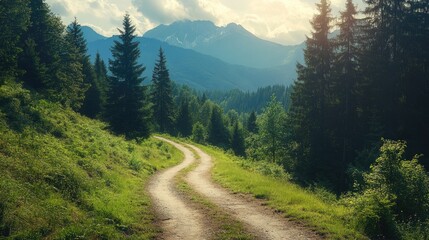 Fototapeta premium A scenic outdoor cycling trail winding through dense forests, with mountain views in the distance