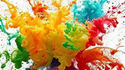 Explosive array of vivid liquid droplets against white backdrop. Vibrant spectrum of red, orange, yellow, green, and teal creates dynamic cloud formations. 
