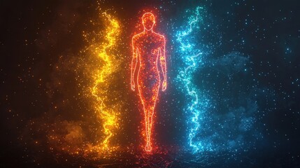 Fototapeta premium Glowing Human Silhouette with Fire and Ice Effects