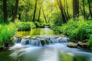 A serene outdoor nature scene with a calm river flowing through a forest full of vibrant greenery