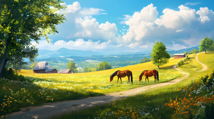 Farm scene horses grazing pasture matte sweet home township stunning vista springtime morning graphics homestead illustration roads silk road landscape. Silk Road. Illustration