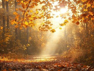A sunbeam shining through a canopy of fall leaves in a peaceful forest, creating a magical atmosphere