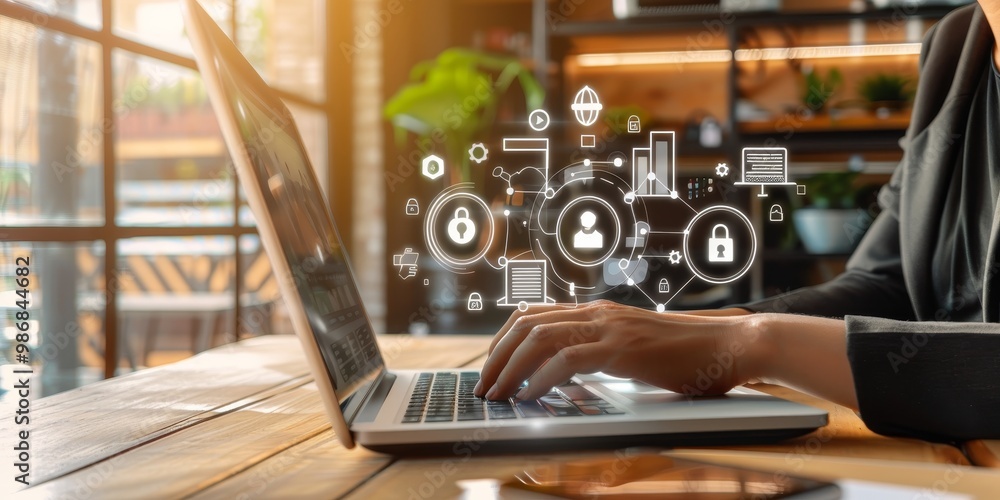 Fototapete image of a professional reviewing security policies on a laptop screen with digital security icons l