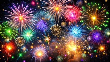 Fototapeta premium Vibrant fireworks and confetti erupt over a dark canvas, illuminating the night as the clock strikes midnight, marking