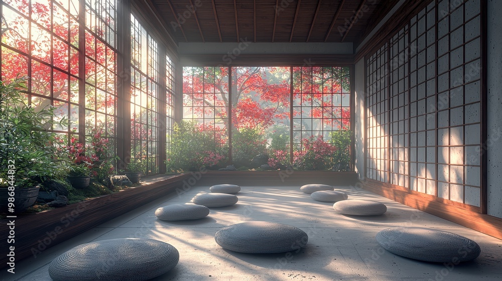 Canvas Prints zen garden room with stone meditation cushions and window view