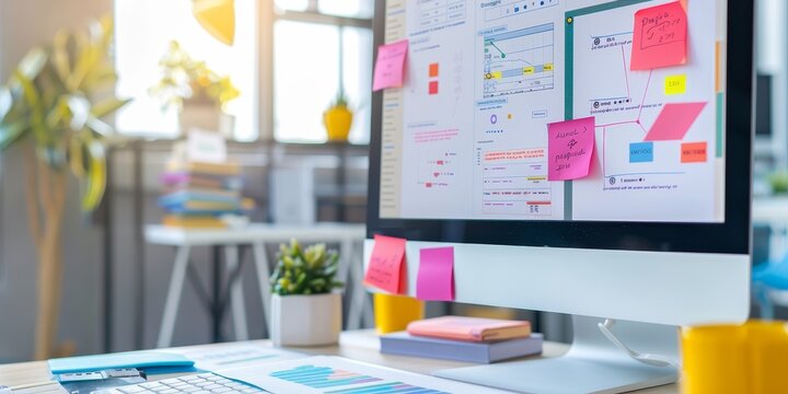 Close-up of a UX designer's workspace, featuring a computer with design software open, user flow diagrams, and color palettes, representing a focused design environment