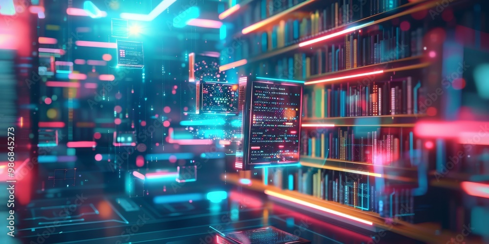 Poster futuristic virtual library with floating digital book icons and interactive elements, set in a sleek