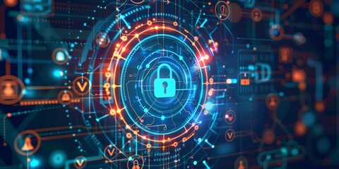 An infographic-style image illustrating network security with a focus on encrypted data transmission, secure firewalls, and protected access points to prevent unauthorized breaches