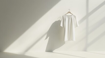 A pristine white dress hangs on a simple hanger, bathed in soft sunlight, showcasing its elegance and effortless style.