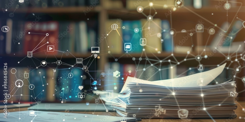 Fototapete security policy document on a desk with a background of data protection symbols, including padlocks,