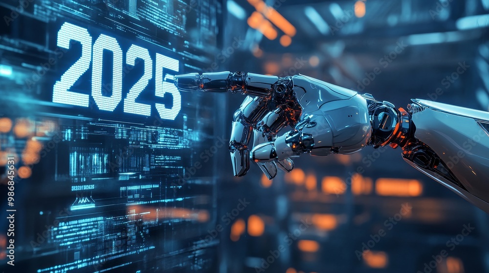 Aufkleber a robotic hand interacts with a digital screen displaying the year 2025, symbolizing technological a